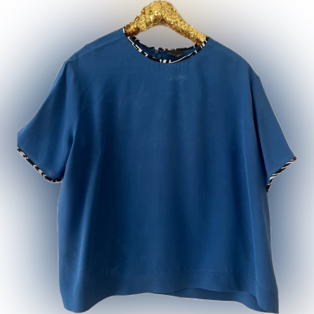 FENDI Womens Size 50 L/XL Blue with Logo Trim Top